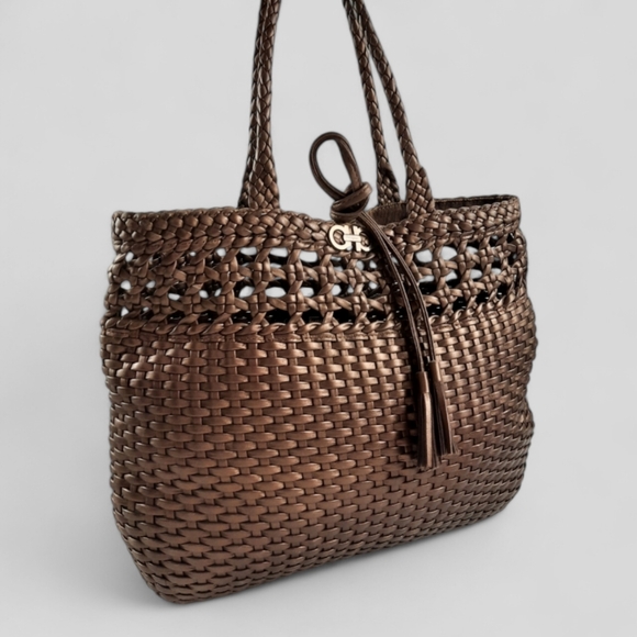 SALVATORE FERRAGAMO Gancini Bronze Woven Leather Top Handle Tote Shoulder Bag - Picture 2 of 10